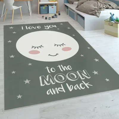 Produktbild von Kinderteppich Kinderzimmer Mädchen Sterne Niedlicher Mond Spruch Grau Grösse 80x150 cm