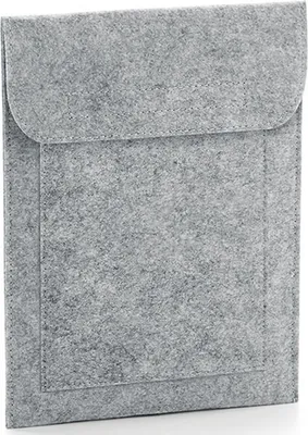 A grey felt sleeve for an iPad or similar device, shown flat against a light grey background.