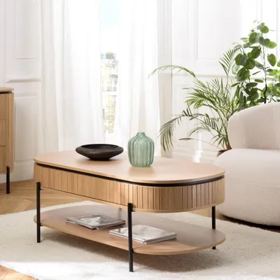 Produktbild von CHARLIE – Couchtisch aus Holz mit 2 Schubladen im Retro-Stil, braunes Kiefernholz