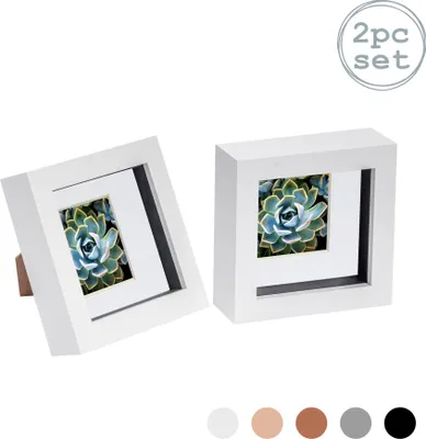 Produktbild von Nicola Spring 2 Stück 4 x 4 3D Shadow Box Photo Frame Set - Craft Anzeigen Bilderrahmen mit 2 x 2 Montieren - Glas Aperture - Weiß