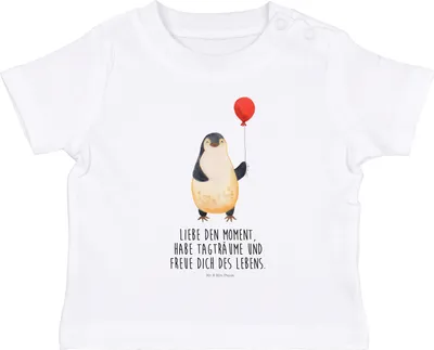 Produktbild von Mr. & Mrs. Panda Babyshirt Pinguin Luftballon 12. - 18. Monat - Weiß - Geschenk, Kinder T-Shirt, Baby  Shirt, Motivation, Liebe, Glück, Oberteil