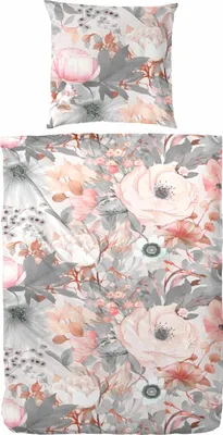Produktbild von Primera Mako-Satin Bettwäsche 135x200 Blüten Rosen weiß silber rosa 243230-82