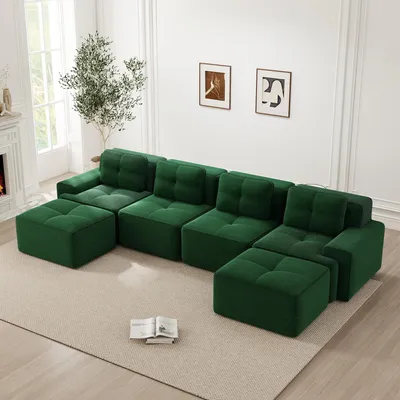 Produktbild von Modulares U-Form Sofa mit Chaiselongue, 4-Sitzer Corduroy-Wohnsofa, Tiefsitz-Design, montagefrei, rutschfest
