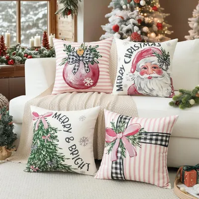 Image de Coussin de Noël, lot de 4, 50x50 cm, motif Père Noël et sapin de Noël, couleur rose, en polyester