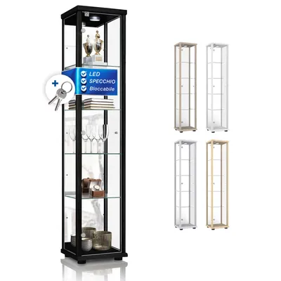 Immagine prodotto di K-Möbel Vetrina in vetro in piedi in nero (176x37x33cm) con 4 ripiani in vetro regolabili in altezza, specchio, serratura e LED - Vetrina in piedi - Vetrina espositiva