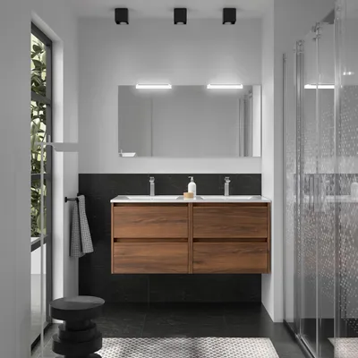 Image de Ensemble de meubles de salle de bain BALTIC 1200, comprenant 4 tiroirs, finition noyer Maya, ainsi qu'un lavabo et un miroir