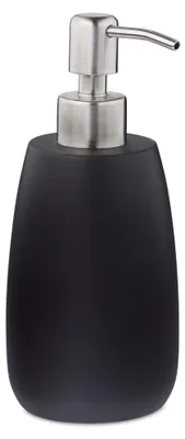 Produktbild von Relaxdays Seifenspender 300 ml, nachfüllbar, Bad, Küche, Flüssigseifenspender, rund, Polyresin, Edelstahlpumpe, schwarz