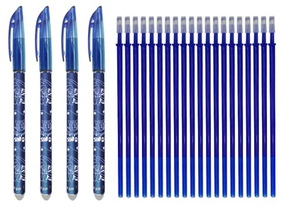Auswischbarer Gelstift 4 Stück blau, 20 Nachfüllminen 0,5 mm