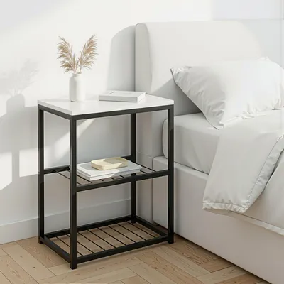Produktbild von Carenza Home Beistelltisch Weiß Metallgestell 2 Gitterablagen 44x29x63cm Nachttisch Sofatisch Wohnzimmer Schlafzimmer