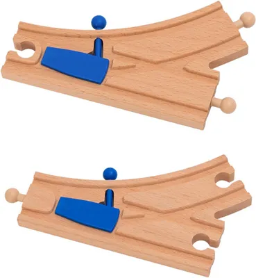 Imagen del producto de Extensión de vía en madera, de 2 piezas, con desvíos mecánicos, para trenes de juguete de madera