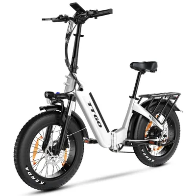 A white electric fat tire bicycle is shown against a white background.