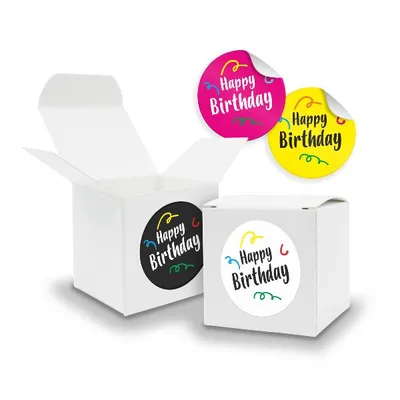 Produktbild von SET Happy Birthday Mix (Motiv39) 24x Faltschachtel Würfel 6,5cm weiß  + Sticker