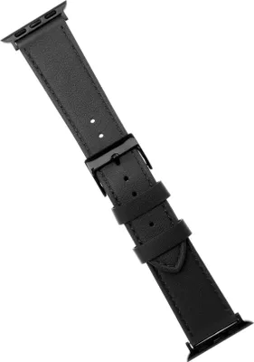 A black leather watch strap is shown against a white background.