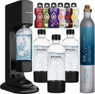 Produktbild von Spinel Soda BubbleON Wassersprudler Schwarz Set mit 3 Flaschen 1L Bolero
