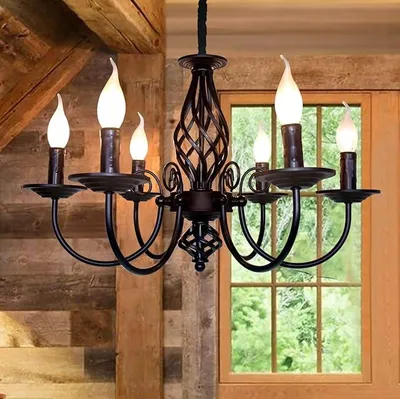 Produktbild von Kronleuchter im Traditionellen Landhausstil, Vintage Höhenverstellbarer Kerzenleuchter aus Schmiedeeisen,6 Lichter Deckenlampe Bauernhaus Klassische Pendelleuchte für Küche Esszimmer Wohnzimmer