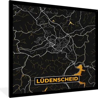 Produktbild von MuchoWow® Gerahmtes Poster Stadtplan - Karte - Lüdenscheid - Gold - Deutschland - Karte 40x40 cm - Poster mit Schwarzem Bilderrahmen Wandposter Rahmen Foto Bilder - Mit Rahmen - Wanddekoration Schlafzimmer