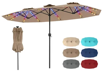 Obrázek produktu pro Dvojitý slunečník COSTWAY 375 x 200 cm, zahradní slunečník se solárním LED osvětlením, 12 režimů osvětlení, 2 možnosti nabíjení a ruční klika, terasový slunečník hnědý