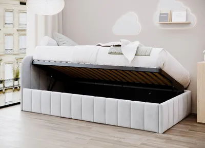 Produktbild von Bett Mario 100x200 cm, Polsterbett mit Metallrahmen, Jugendbett mit Bettkasten, Riviera-Stoff, Beige, Rechts