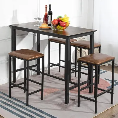 Produktbild von Bartisch-Set, Stehtisch mit 4 Barhocker,Esstisch mit 4 Stühlen, Küchentisch im Industrie-Design,für Küche Esszimmer Wohnzimmer,Vintagebraun-schwarz