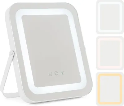 A white makeup mirror with LED lighting is shown on a white background.