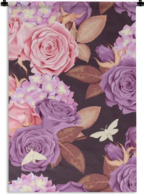 Produktbild von MuchoWow® Wandteppich Wandbehang Blumen - Lila - Rosa - Schmetterlinge 60x90 cm Tapisserie Dekoration Wandtuch - Foto-Teppich - Abwaschbar