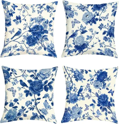 Obrázok produktu pre Obliečky na vankúše 45 x 45 cm, sada 4 ks, modrá a biela, polyester len, na pohovku