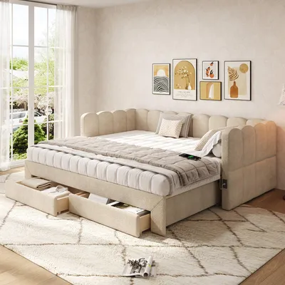Image de Divan 90x190 cm, extensible jusqu'à 180x190 cm, canapé-lit avec 2 tiroirs, ports USB-C/USB et espace de rangement, couleur beige, tissu chenille