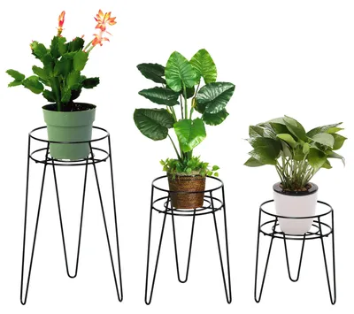 Image de Support pour plantes - Étagère à fleurs pour 3 plantes en pot - Autoportant - En acier - Pour intérieur et extérieur - Idéal pour balcon et jardin - Noir