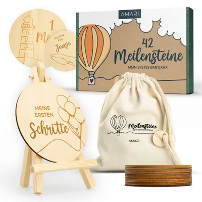 Produktbild von AMARI ® Meilensteinkarten Baby aus Holz - 42 Meilensteine auf Holztafeln - Babyparty Geschenk - Baby Monatskarten - Meilenstein Baby