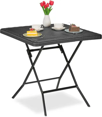 Immagine prodotto di Tavolo da giardino pieghevole con finitura effetto legno - 74x78x78 cm - Realizzato in plastica e acciaio - Resistente agli agenti atmosferici - Colore nero