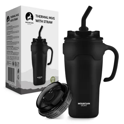 Produktbild von Mountain Goat Thermobecher, 650 ml, aus Edelstahl, mit Strohhalm und Griff