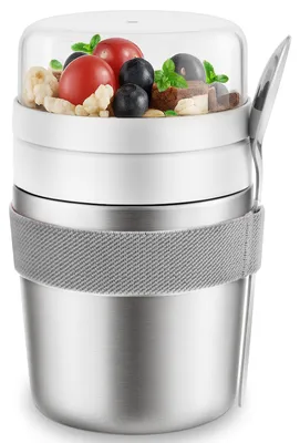 Müslibecher to go mit Löffel, doppelwandig, 720 ml, grau