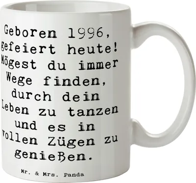 Produktbild von Mr. & Mrs. Panda Kaffeebecher Spruch 1996 Geburtstag - Weiß - Geschenk, besondere Momente, Tasse, Teetasse, bedruckt, Alter, nostalgisches, Vierteljahrhundert Feier