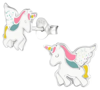 Produktbild von Kinderohrstecker: Mädchen Ohrringe Silber „Pegasus Einhorn mit Glitzer“