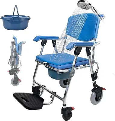 Produktbild von Duschstuhl für Senioren mit Rollen Klappbar, 3-In-1 Blau Toilettenstuhl für Senioren mit Rollen, 150kg Dusch Toilettenstuhl Fahrbar, Faltbarer Duschrollstuhl Aluminiumlegierung mit Urinal