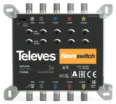 Produktbild von Televes 714508, 5 Eingänge, 5 Ausgänge, 950 - 2400 MHz, 47 - 862 MHz, 0 - 15 dB, IP20