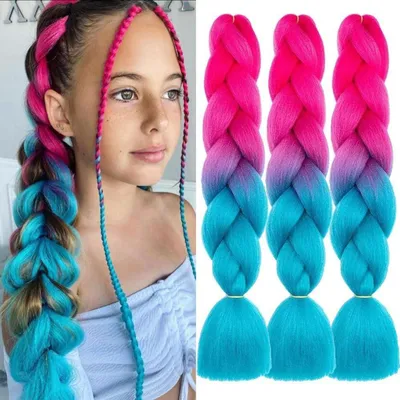 Immagine prodotto di Capelli sintetici per trecce, set da 3, lunghezza 60 cm, colori: rosso, rosa/azzurro