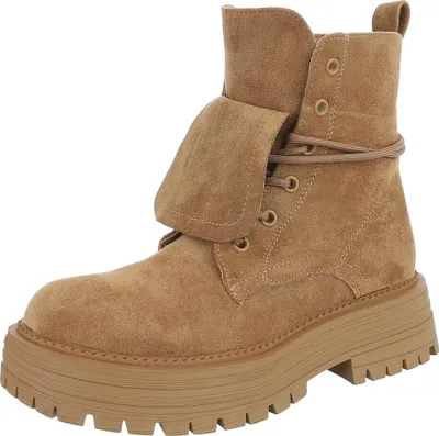 Produktbild von Ital-Design Damen Stiefeletten Plateaustiefeletten Leicht gefüttert Wildlederoptik Schnürstiefeletten 90169550 Hellbraun Gr. 39