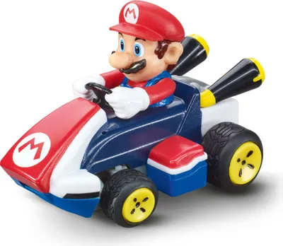 A toy Mario Kart vehicle with Mario figure.