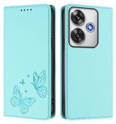 Produktbild von Lederhülle für Xiaomi Poco F6, Schmetterling Prägung Leder Brieftasche Schutzhülle mit Ständer Türkis