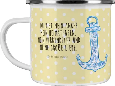 Produktbild von Mr. & Mrs. Panda Pott Anker Blau - Gelb Pastell - Geschenk, Emailletasse, Teetasse, Emaille Tasse, becher, Tiermotive