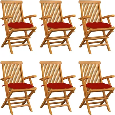 Produktbild von 6 klappbare Gartenstühle aus Teakholz mit roten Kissen und Armlehnen für Terrasse, Balkon und Garten