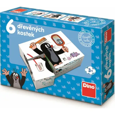 A box of wooden cubes with illustrations of a mole character.