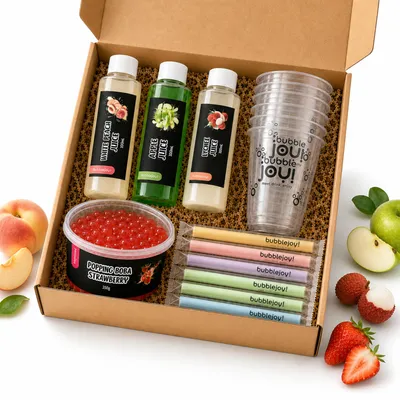 Produktbild von BubbleJoy BOX START Bubble Tea Starter Set mit Popping Boba Erdbeere, 3 Sirupen Apfel, Weißer Pfirsich, Litchi, 6 Bechern 700ml und 6 Trinkhalmen