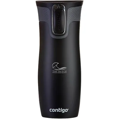 A black Contigo travel mug is shown against a white background.