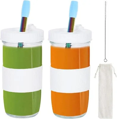 Immagine prodotto di Set da 2 bicchieri bianchi con coperchio e cannuccia, 730 ml, per frullati e bevande