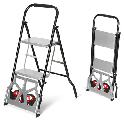 Produktbild von Vigevee 2 in 1 Treppenkarre Sackkarre mit 2-stufiger Klappleiter, klappbarer Transportwagen 80 kg, Leiter 150 kg, Schwarz Silber