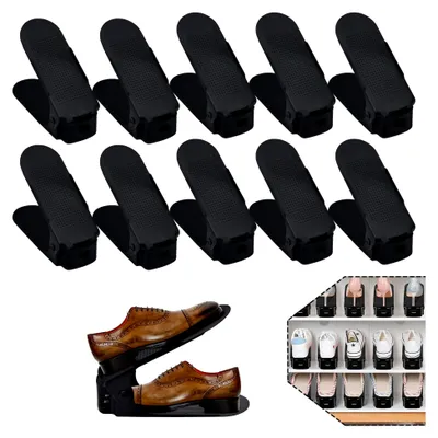 Produktbild von 20 Stück Einstellbare Schuhregale Schuhstapler Schuhhalter Set, 3 höhenverstellbar Schuhaufbewahrung, Platzsparend, Rutschfest Kunststoff (Schwarz)