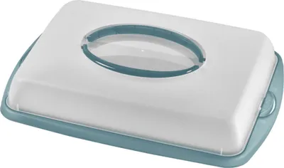 A cake carrier with a transparent lid and a teal base and handle.