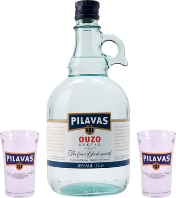Produktbild von Ouzo Pilavas Nektar | 1,0l Karaffe + 2 Gläser| 40% Vol. | Aus Griechenland |+20ml Jassas Olivenöl
